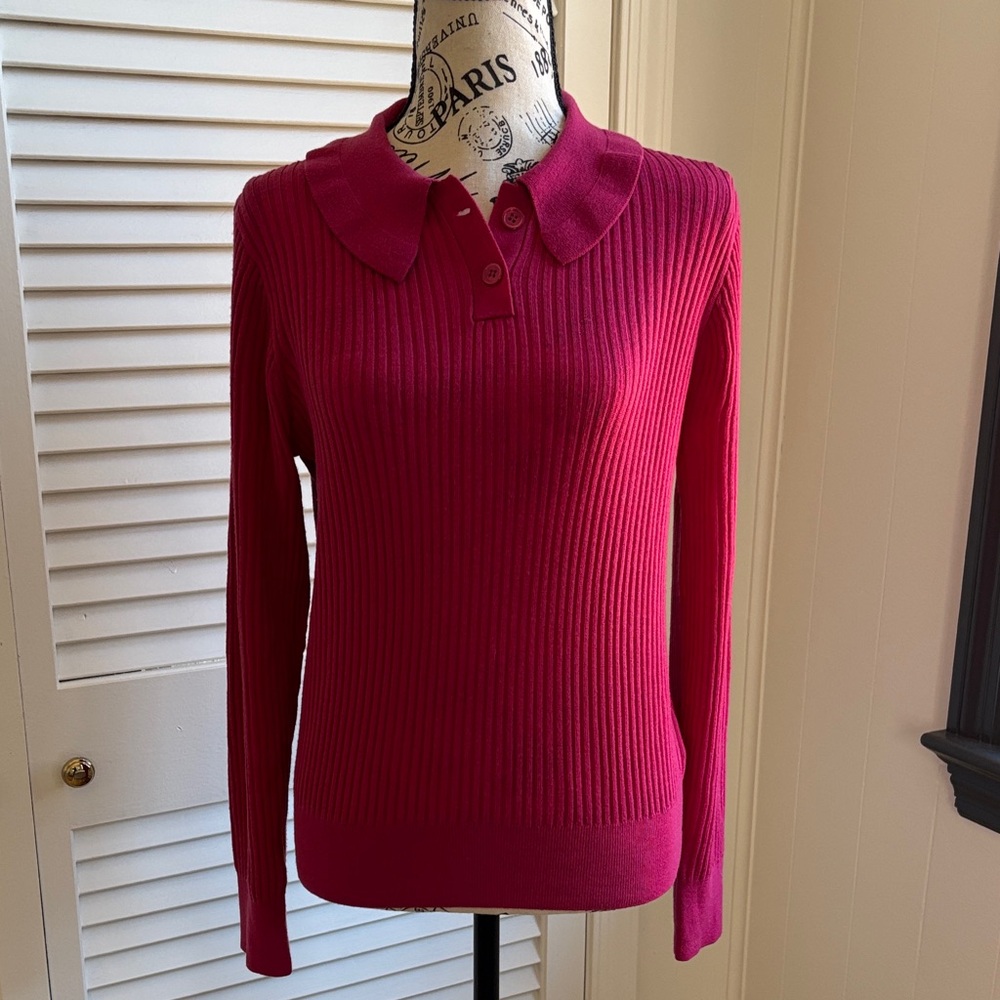 J. Crew Pink Merino Wool Ribbed Polo Sweater Size M